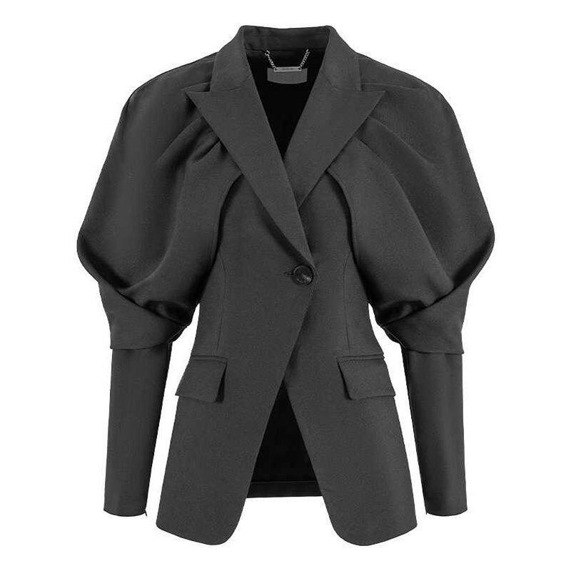 百搭法式设计感拼接袖子翻领褶皱一粒扣西装