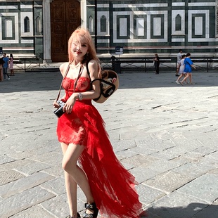 流浪版rose/自带胸垫重工蕾丝吊带裙松紧腰拖尾半裙套装夏季新款