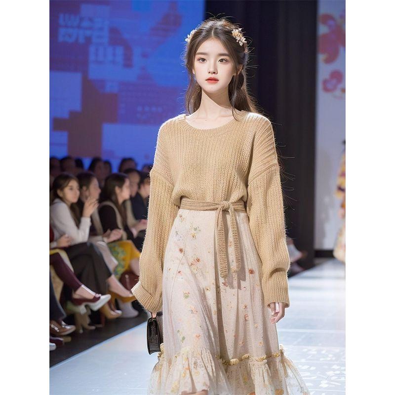 法式慵懒风针织连衣裙子秋冬季2023新款女装古着国风毛衣裙两件套