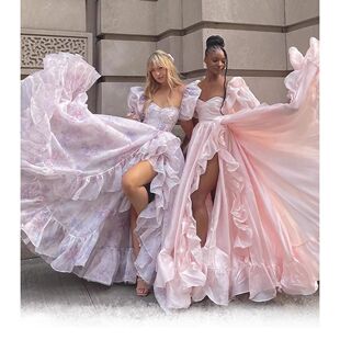 夏季新款森女白底紫罗兰印花童话婚纱婚礼结婚裙在逃公主礼服裙