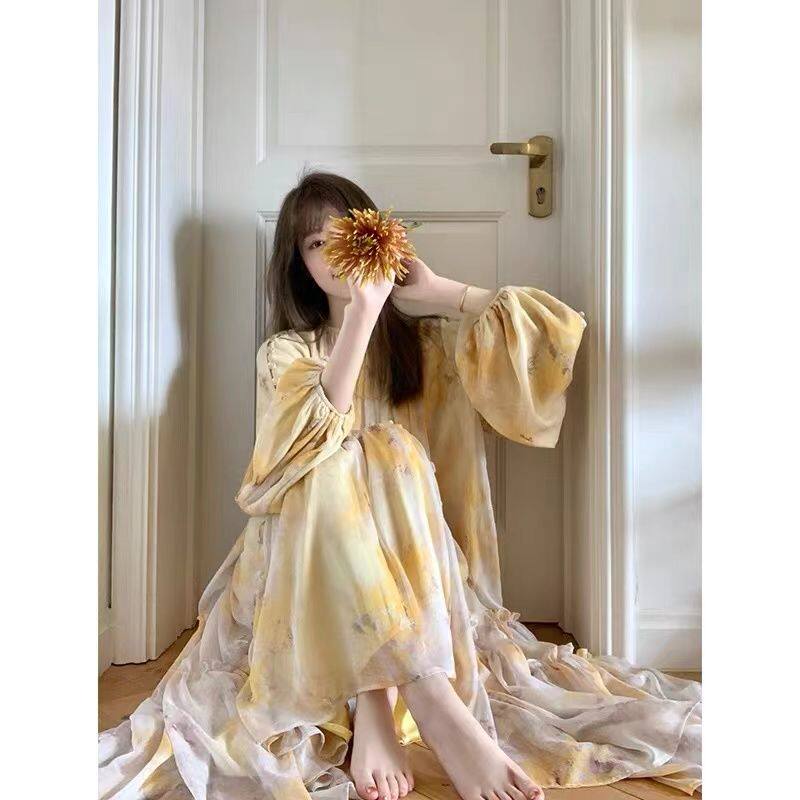 法式轻奢设计感小众水墨印花连衣裙女夏高级感重工大摆茶歇长裙子