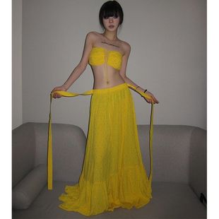 blingbling亮闪闪套装纯欲风黄色绑带抹胸背心礼服旅游半身裙套装