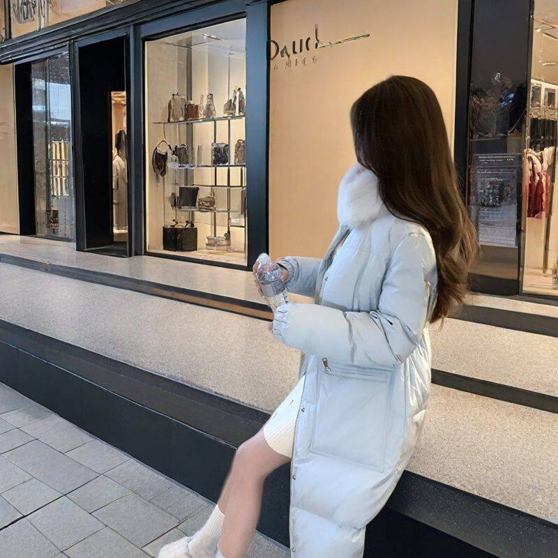 冬季仿狐狸毛毛领过膝羽绒棉服女收腰显瘦中长款外套