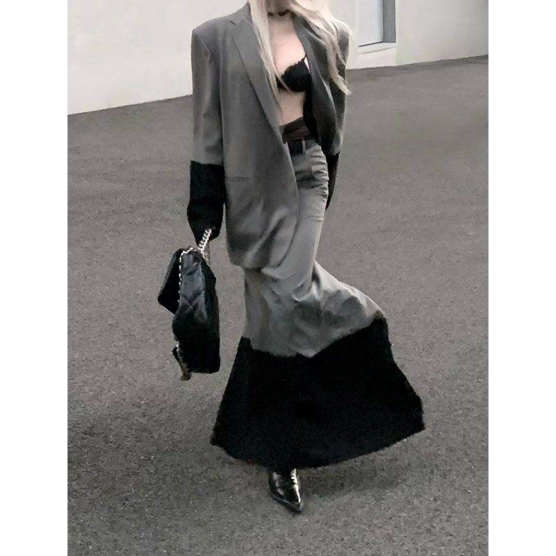 2024年秋冬款高级时尚套装裙撞色拼接裙子西装外套西装半裙两件套
