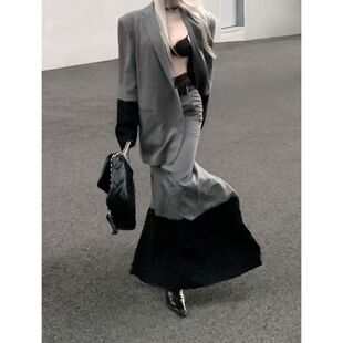2024年秋冬款高级时尚套装裙撞色拼接裙子西装外套西装半裙两件套