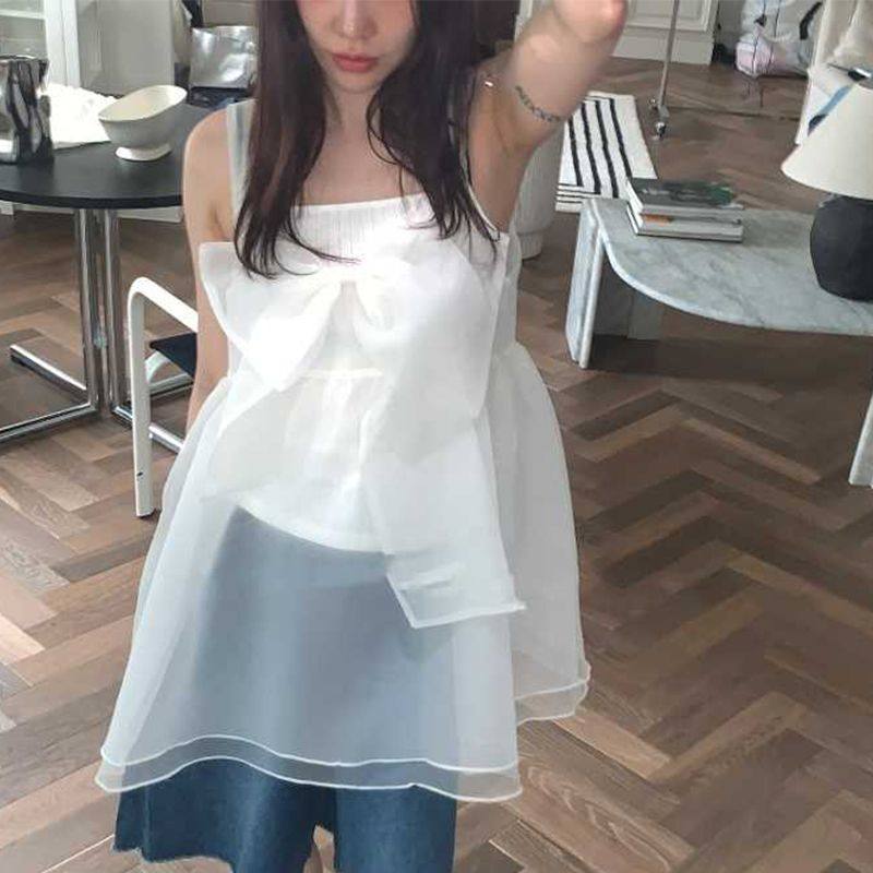 蝴蝶结白色叠穿罩衫纱裙无袖吊带背心连衣裙海岛度假穿搭