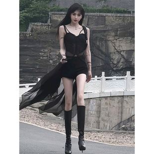 夏季新款辣妹黑色高级感蕾丝设计感小众拼接长款休闲吊带背心上衣