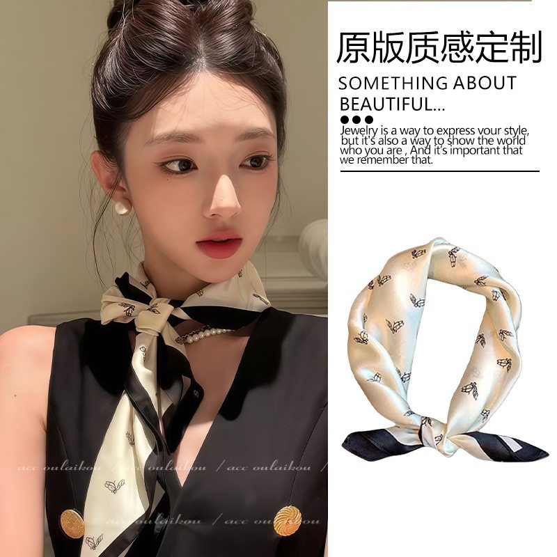 法式缎面围巾气质小方巾黑白经典复古丝巾系脖高级感网红同款领巾