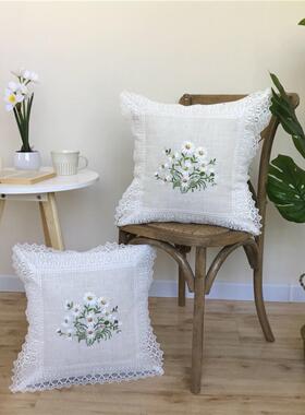 绣花蕾丝植物客厅床边沙发垫套小睡枕头方形枕头田园风格可拆卸枕