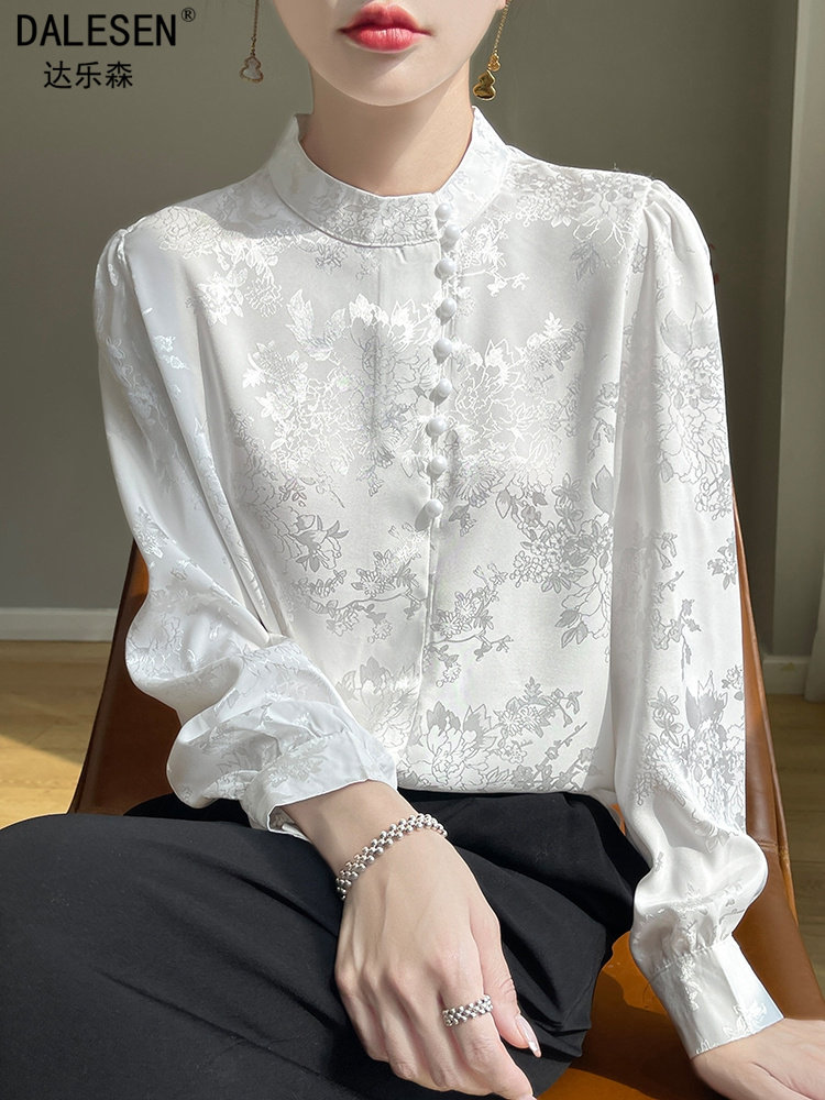 新中式长袖衬衫女2025秋季新款轻奢国风印花精致优雅立领上衣