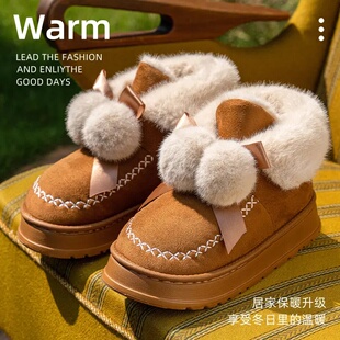 冬季外穿居家棉鞋女鞋蝴蝶结双球高邦棉靴加绒加厚保暖时尚雪地靴