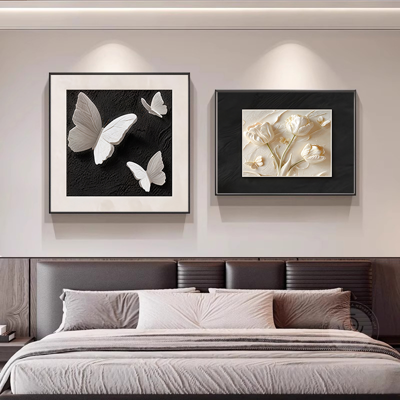 夫妻房间挂画复古蝴蝶卧室床头装饰画铝合金背景墙客厅高级感古风图片