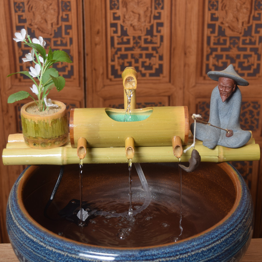 钓鱼摆件鱼缸过滤器竹子循环流水