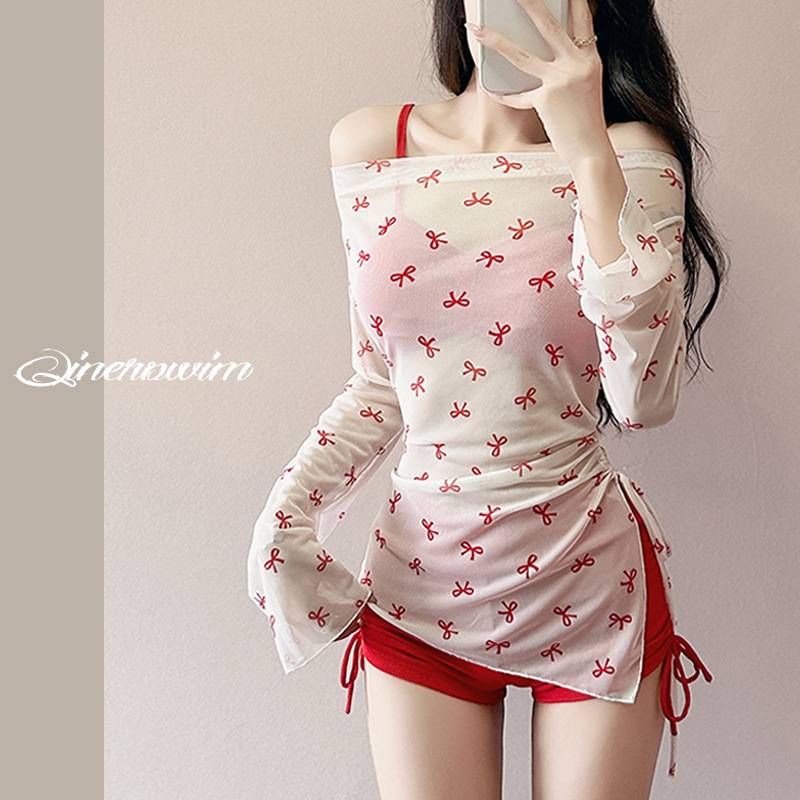 新款三件套比基尼款泳装女少女感纯欲风泳衣女蝴蝶结长袖防晒