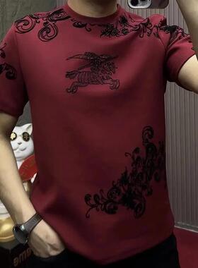 嘉画服饰潮流修身T恤男士短袖男士马年红色烫钻T恤时尚百搭