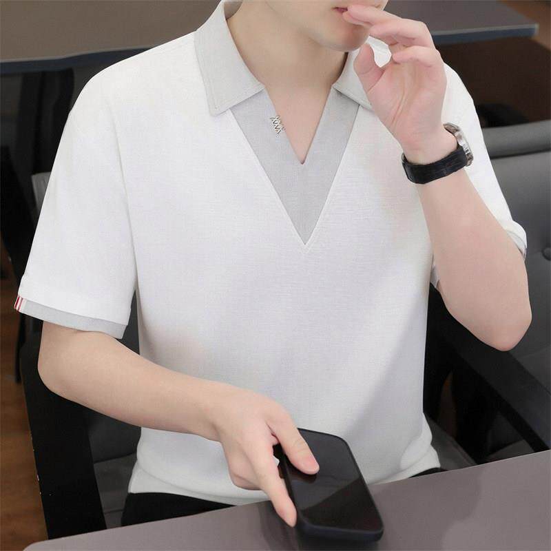 轻熟风拼接V领POLO短袖T恤透气冰丝面料简约通勤男士百搭半袖上衣