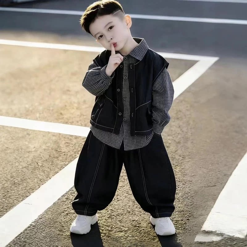 3吉赐商贸严选男童春款痞帅牛仔马甲衬衫三件套2026新款洋小男孩