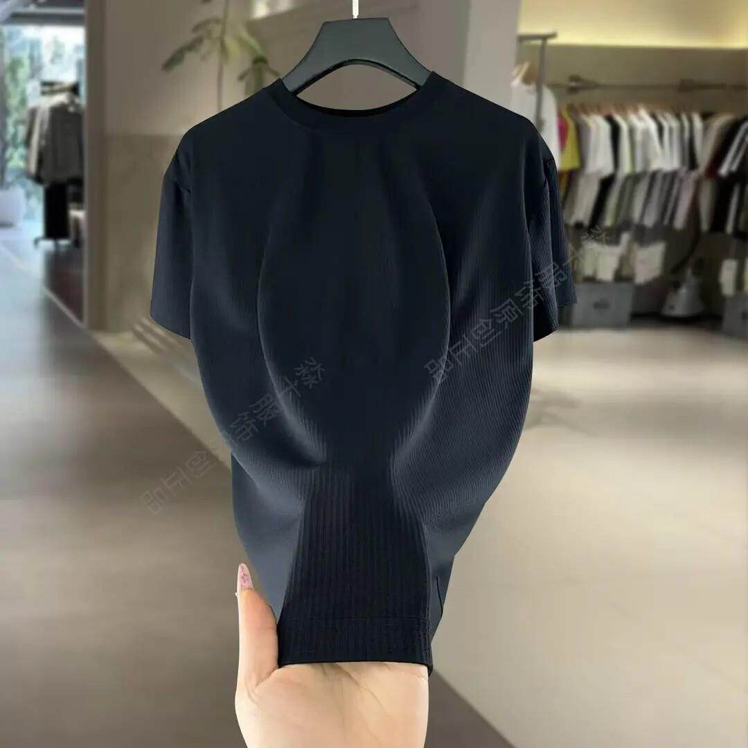 高端专柜轻奢冰丝竖纹短袖夏季超薄凉感男士t恤防晒速干抗皱休闲