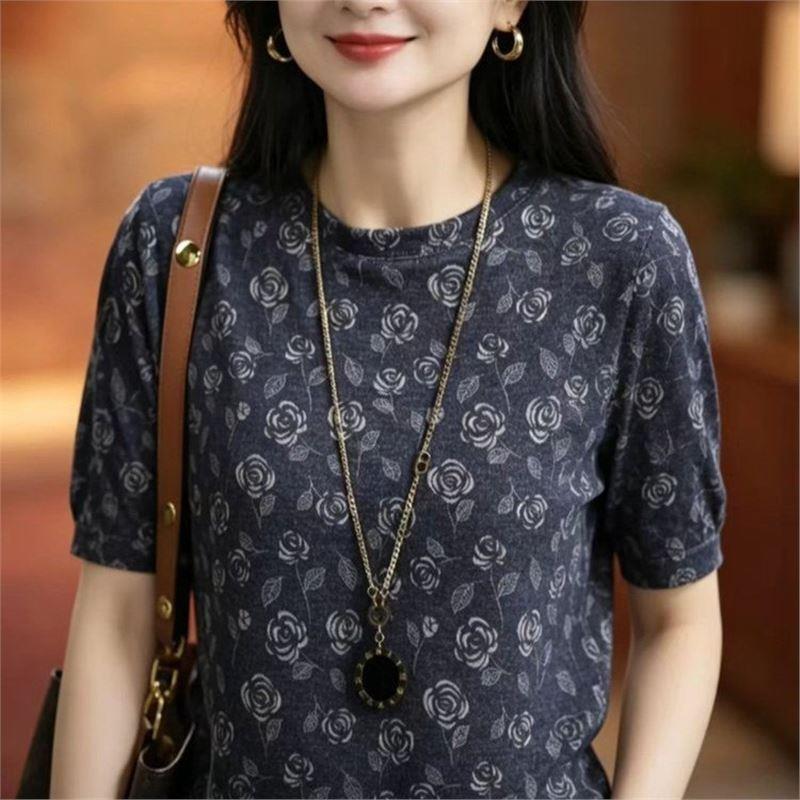 夏季新款圆领短袖T恤上衣女玫瑰碎花印花显瘦减龄气质打底妈妈装