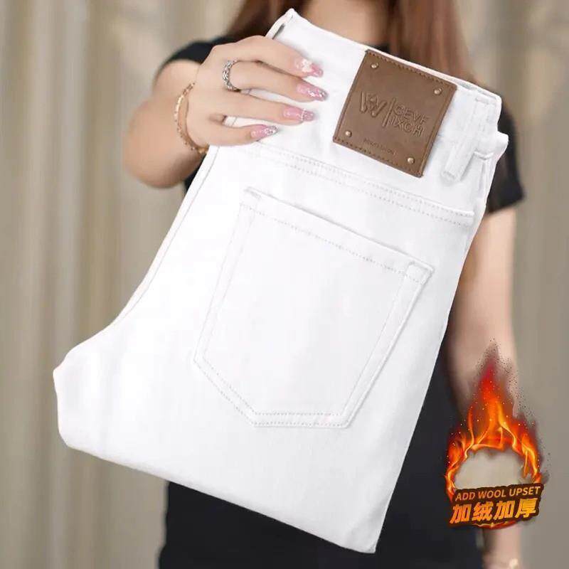 JIES轻奢男装欧货n白色加绒男士牛仔裤加厚MQ秋冬季驱寒修身小直