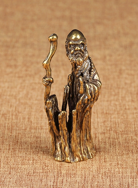 纯铜达摩祖师小摆件 仿树根黄铜微雕菩提达摩小佛像小铜像茶宠