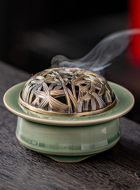 禅意越窑青瓷三鼎香薰香炉摆件