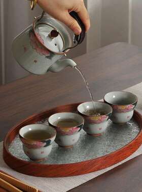 哥窑釉下彩手绘牡合丹提梁壶茶具套家用户旅行UOR组家外用泡茶装