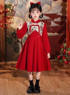 女童汉服加绒连衣裙秋冬旗袍裙2025新款女宝宝拜年服新中式中国风