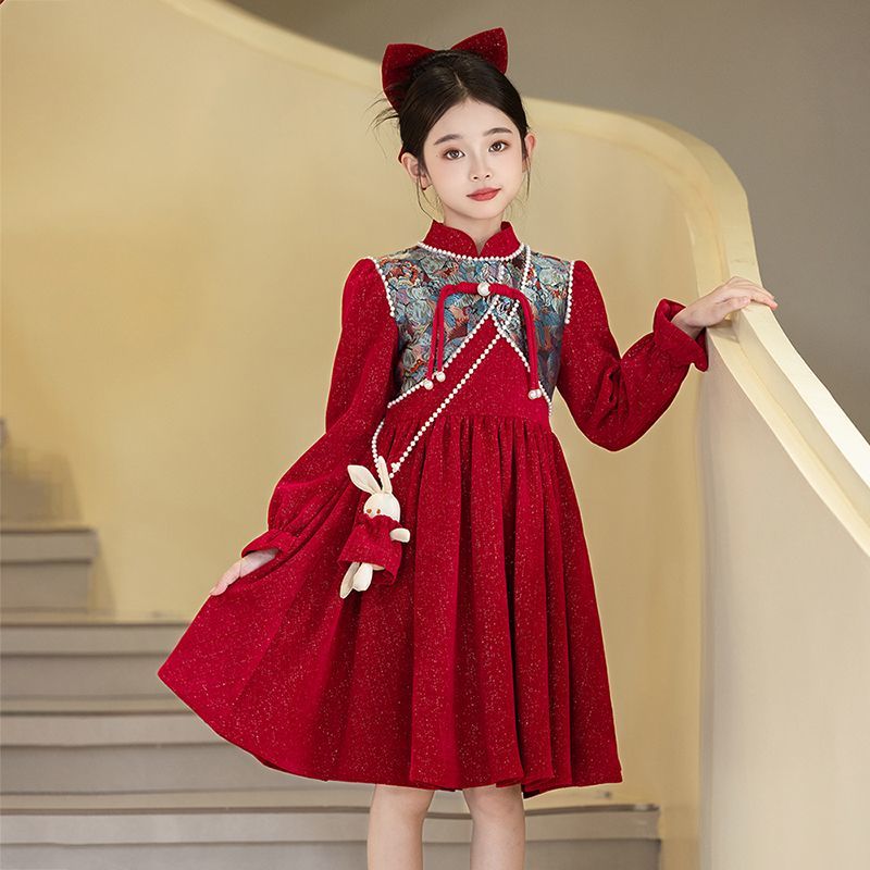 女童连衣裙2025春秋新款儿童宫廷风红色公主裙小女孩中国风旗袍裙