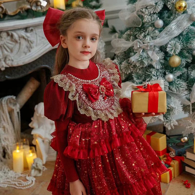 女童连衣裙亮片红色新款蛋糕2025洋气秋冬礼服儿童公主加绒拜年服