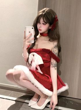 圣诞纯欲性感连衣裙蝴蝶结毛领拼接细闪甜美高级新年战袍小礼服裙