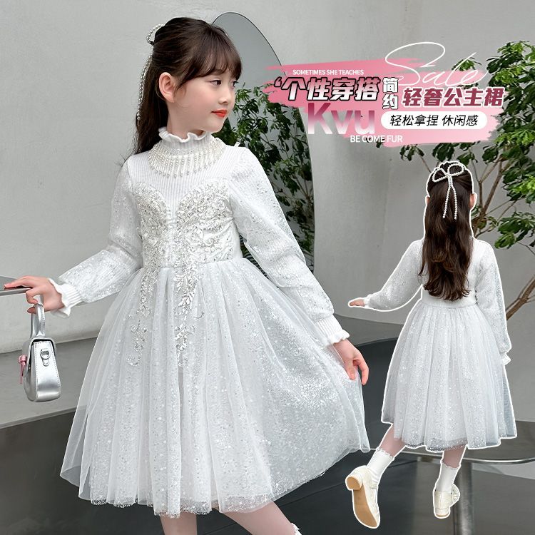 女童连衣裙秋冬毛衣公主裙高端女孩花童纱裙儿童主持人钢琴演出服