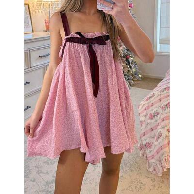 Women's Lounge Dress Loose Fit Black Bow Floral Print