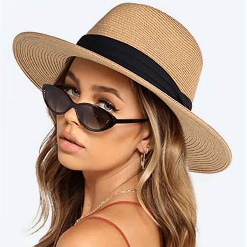 Womens Mens Wide Brim Straw Panama Hat Fedora Summer Beach