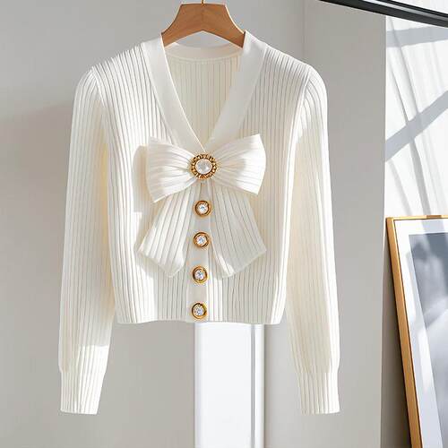 Womens Autumn Solid Color Ribbed Knit VNeck Bow Tie Metal