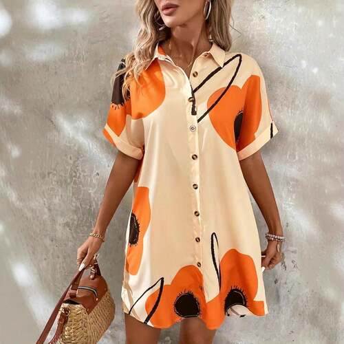 Button Shirt Dress Elegant Short Sleeve Collar Dress for