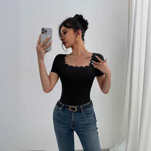 Summer New Multifunctional Wave Hem Square Neck Short Sleeve