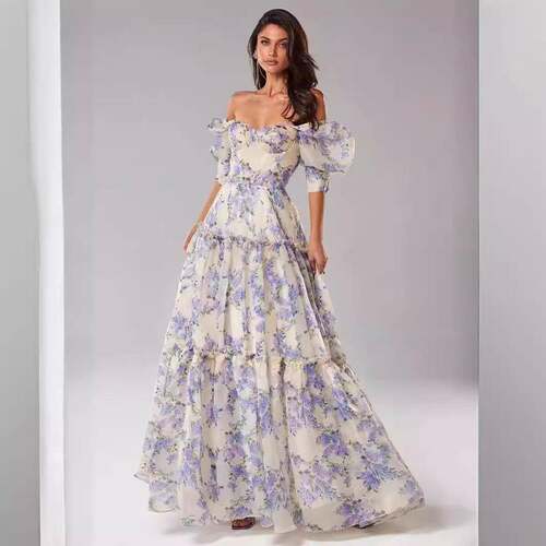 Women's Blue Elegant Long Organza Off-Shoulder Evening Dress