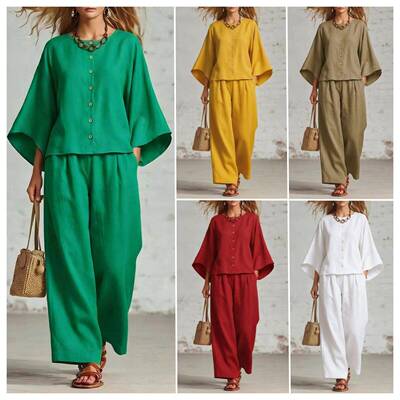 Suits Women Round Neck 3/4 Sleeve Tops Shirt with Pockets