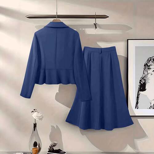 Two-piece women's blue single-breasted Fitted waist-cinching
