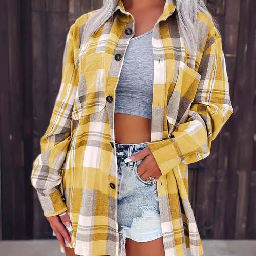 Plaid Print Button Front Shirt Casual Blouses Casual Long
