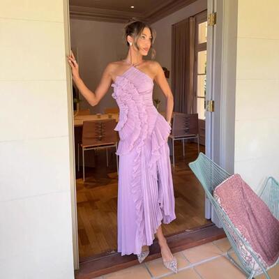 2025 Socialite Style Multi-Layer Ruffled Halter Purple Strap