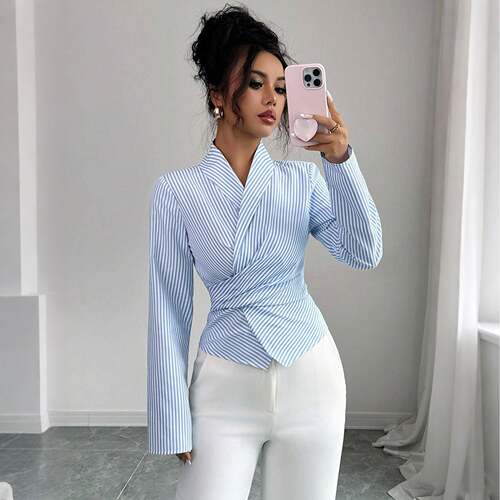 Elegant Womens Knit Striped Sleeveless V Neck Blouse Tie