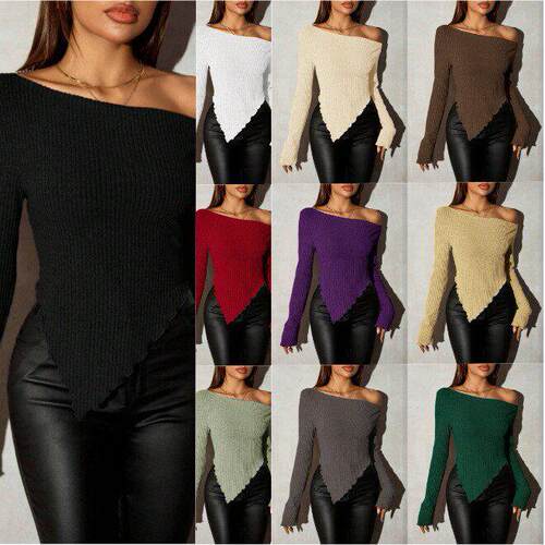 Women's Asymmetrical Neck Ribbed Knit Plain Shoulderless