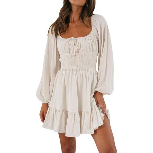 Women's Autumn Short A-line Dress - Long Sleeve Square Neck