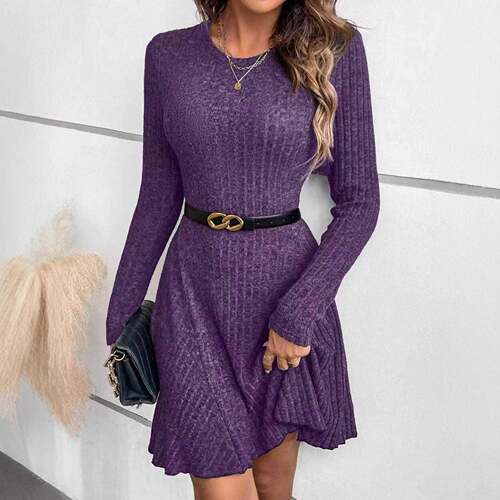 Womens Slimming Fitted Soft Knit Dress Long Sleeve Round
