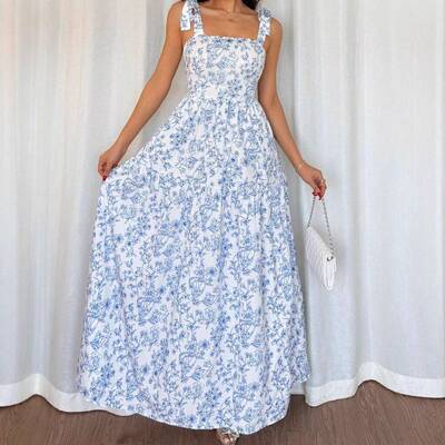 French Elegant Pleated Waist Floral Bell Dress  Sleeveless