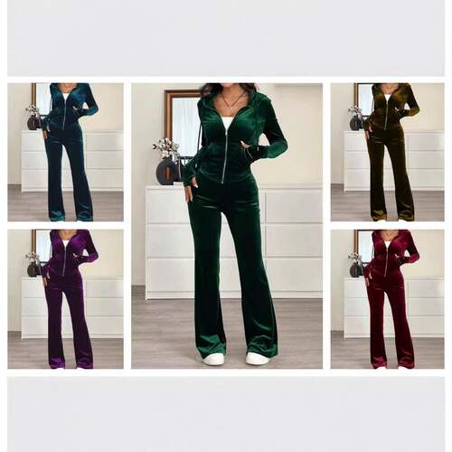 Two-piece dark velvet Long sleeve hoodie and zip-up slim
