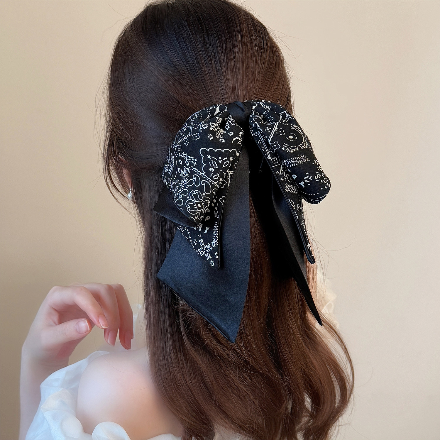 优雅复古腰果花飘带蝴蝶结马尾夹新款新中式印花简约百搭半扎发夹,饰品/流行首饰/时尚饰品新,发饰,淘宝优惠券,粉丝福利购,淘宝优惠卷