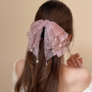 仙气水彩轻纱碎花大蝴蝶结马尾夹高雅绛紫色水晶流苏高级感发夹女